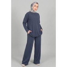 Lacivert Norshen Kadın Yandan Yırtmaç Detaylı Tunik & Bol Paça Pantolon - Takım