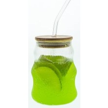 Enyaza Home 500ML Bambu Kapaklı Cam Bardak, Cam Pipetli Silikon Kapak Contalı Ince Çizgi Desenli Soğuk Içecekler Için Kahve Meyve Suları ve Çayları Için Ergonomik Şık Tasarım