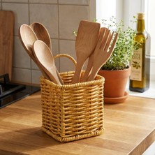 Enyaza Home Buffer Kare Hasır Dokulu Plastik Rattan Kaşıklık ve Çatallık, Askılı Kendiliğinden Tutmalı Çok Amaçlı Mutfak Organizeri, 10X10X14 cm