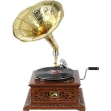 Otantik Çarşı Ahşap Oymalı Kare Gramofon