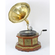 Otantik Çarşı Ahşap Metal Kaplamalı Sekizgen Gramofon