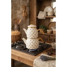 Mis Kitchen Emaye Çaydanlık Takımı Siyah Kalpli Desenli Gold Kulplu Çaydanlık – Çeyiz & Hediye Için Ideal