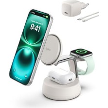 Enyaza Home Ultracharge Pro Magsafe Uyumlu 3’ü 1 Arada Qi2 25W Kablosuz Şarj Cihazı, 17,, Airpods, Pixelsnap, Seyahat ve Masaüstü Standı, 45W Adaptör, Kum Rengi