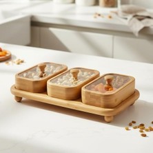 Enyaza Home Deconox Bambu Tepsili 3'lü Cam Çerezlik ve Kahvaltılık Seti - Kapaklı, Yuvarlak ve Dikdörtgen Seçenekli Sunum Takımı (Dikdörtgen)