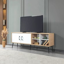 EVMO Home Şile 160 Cm Metal Ayaklı Kulplu Tv Ünitesi Raflı 2 Kapaklı Tv Sehpası Beyaz-Safir 3611