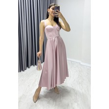 Zks Grup Tekstil-Kadın Gloplu Sırtı Bağcıklı Saten Askılı Midi Abiye Elbise Indigo, Bordo, Yeşil, Kırmızı, Pembe
