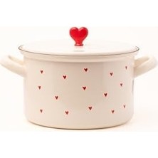 Enyaza Home Cupid 20 cm Emaye Tencere, Krem Rengi, Kırmızı Kalp Desenli, Kapaklı, 3 Litre