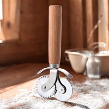 Enyaza Home 2'si 1 Arada Ahşap Saplı Pizza ve Pide Hamur Kesme Ruleti, Çift Taraflı Çelik Bıçak, Pizza Börek Pide Hamur Kesme Rulet Bıçak