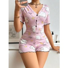 Modenya Pamuklu Pembe Kuzu Desenli Düğmeli Uzun Kol Tulum Pijama