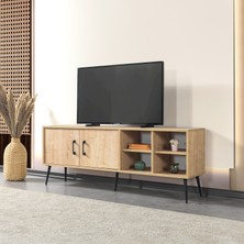 EVMO Home Şile 160 Cm Metal Ayaklı Kulplu TV Ünitesi Raflı 2 Kapaklı Tv Sehpası Safir 3608