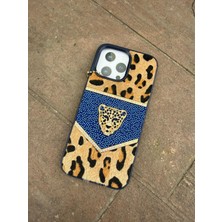Madam Case Iphone 11 Uyumlu Lacivert Renk Leopar Desenli Taşlı Tüylü Premium Kılıf