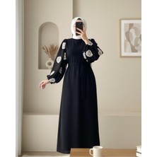 Moda Morfo Kolu Tül Nakışlı Kalem Elbise -Siyah