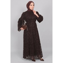 Kahverengi Norshen Kadın Dantel Detaylı Kuşaklı Elbise - Astarlı