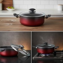 Enyaza Home Deconox Papilla Safir 22 cm Derin Tencere Kırmızı Siyah Yanmaz Yapışmaz Cam Kapaklı Çorba ve Yemek Tenceresi