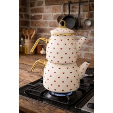 Mis Kitchen Gold Kulplu Emaye Çaydanlık Seti Kırmızı Kalpli Vintage Çaydanlık - Çeyiz & Hediye Için Ideal