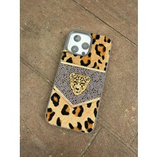 Madam Case Iphone 17 Pro Uyumlu Gri Renk Leopar Desenli Taşlı Tüylü Premium Kılıf