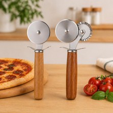2 Adet Ahşap  Saplı  Paslanmaz Çelik Pizza Hamur Kesici 1 Adet Tek Başlı 1 Adet Çift Başlı Rulet Set