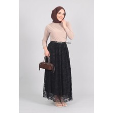 Siyah Norshen Kadın Kemer Detaylı Dantel Desen Etek-Astarlı