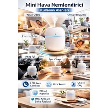 Enyaza Home Ultra Sessiz Çalışan LED Gece Lambalı Mini Hava Nemlendirici, 220 ml Su Kapasiteli, 5 10 Saat Kesintisiz Su Püskürtme, USB Girişli, Kompakt Masaüstü Kullanım, 80 80 103 mm