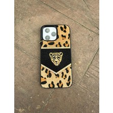Madam Case Iphone 16 Uyumlu Siyah Renk Leopar Desenli Taşlı Tüylü Premium Kılıf