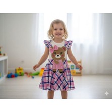 Bubiee Baby Kız Çocuk Pembe Ekose Desenli Ayıcık Nakışlı Jile Elbise Tişörtlü 2'li Takım