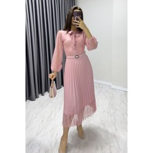 The Zks-Kadın Boyundan Bağlamalı Fransız Güpür Piliseli Abiye Elbise Siyah, Pembe, Beyaz