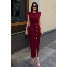 Lafaba Kadın Bordo Aksesuar Detay Yırtmaçlı Midi Davet Elbisesi