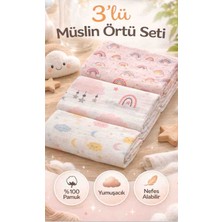 Childmechild Çok Amaçlı Müslin Örtü & Battaniye 3'lü Set %100 Pamuk 80X90