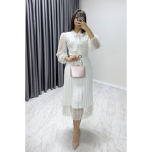 The Zks-Kadın Boyundan Bağlamalı Fransız Güpür Piliseli Abiye Elbise Siyah, Pembe, Beyaz