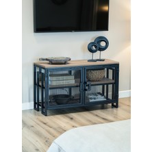 Bye Concept & More Dekoratif Metal Gövdeli Ahşap Raflı Tv Ünitesi 3 Raflı 2 Kapaklı Tv Sehpası 90 x 30 cm Televizyon Ünitesi