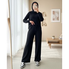 Moda Morfo Bağcık Detaylı Salaş Fitilli Pantolon -Siyah