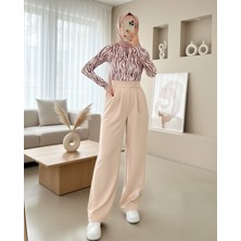 Moda Morfo Kemeri Cırtlı Pileli Bol Paça Pantolon -Bej