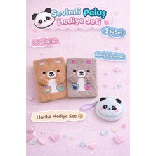 Tekno Hediye Sevimli Peluş Defter ve Panda Anahtarlıklı Cep Aynası Seti Yumuşak Tasarım Hediye Seti