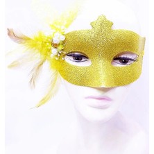 Najmaddin Sim Işlemeli Inci Boncuk Detaylı Tüylü Balo Maskesi Altın Renk 13X18 cm Mepa Tedari