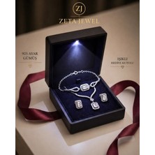 Zeta Jewel 925 Ayar Gümüş Tek Baget Taşlı Üçlü Set ( Kolye Küpe Bileklik ) Hediye Kutulu