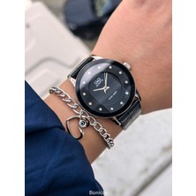 Q&Q Marka Retro Model Siyah Renk Deri Kordon ,Büyük Kasa 40 mm sade Kadın Kol Saati+ Bileklik