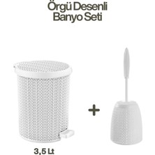 PremiumPort Örgü Desenli Pedallı Çöp Kovası ve Klozet Fırçası Seti, Beyaz, 3,5 Litre