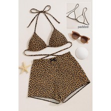 Kadın Leopar Desenli Şortlu Belden ve Boyundan Bağlamalı Bikini Takımı
