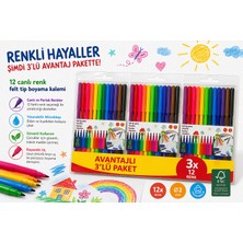 Kids 12 Renk Keçeli Kalem Seti –3 Lü Avantajlı Set Çocuklar Için Boyama ve Çizim Kalemi, Su Bazlı Kolay Silinebilir