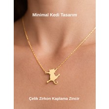 Kedi Figür Çelik Figür Zirkon Kaplama Zincir Kolye Kedi Gold Kolye
