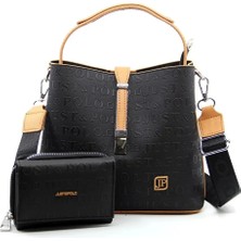 Just Polo Kadın Siyah Camel Orta Boy 3 Bölmeli Omuz Çantası ve Cüzdanı Kombin MH4002MH