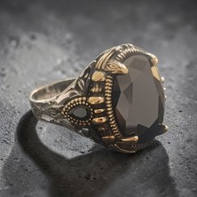 Umut Silver 925 Ayar Gümüş Desenli Siyah Oval Kristal Taşlı Erkek Yüzük