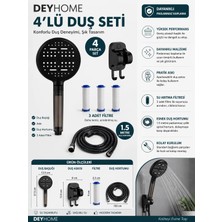 Deyhome 4'lü Set 6 Fonksiyonlu (Siyah) Filtreli Masajlı  Duş Başlığı +3 Adet Yedek Filtre+ 150 cm Duş Hortumu + Siyah Yapışkanlı Askı Aparatı