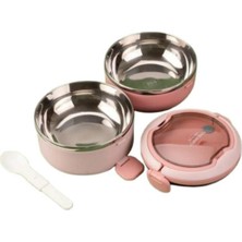 Özbience Pembe Paslanmaz Çelik 2 Katlı Yuvarlak Yemek Kabı Kaşıklı 850ML