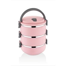 Özbience 3 Katlı Vakumlu Yemek Termosu Seti, Pembe, Sıcak ve Taze Saklama