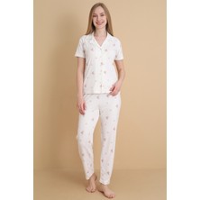 Wordex Mrn 9505 Ayıcık Desenli Pegasus Kumaş Düğmeli Kısa Kolu Kadın Pijama Takımı