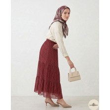 Trendkombinim Kadın Bordo Geometrik Desenli Katlı Pilesili Maxi Boy Etek