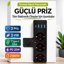 HiboTekno Rose Teknoloji Ftr-12 Termal Akım Korumalı Duvar Tipi Priz 3 USB 1 Type-C 20W Pd Giriş - Siyah