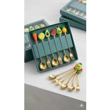 Kasımoğulları Concept Meyve Figürlü Lüx Altın Sarısı Tatlı Kaşık ve Çatal Seti - 6 Parça