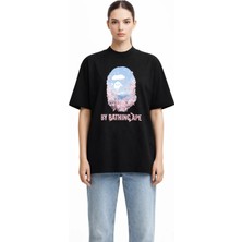 Camblys Unisex A Bathıng Ape Pembe Cıcek Yazı Ön Baskılı Oversize Kalın Kumaş Bol Kesim Pamuklu T-Shirt